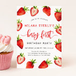 Aardbei 1e verjaardag | Eerste Berry Kaart<br><div class="desc">Kute girl uitnodigingkaart met waterverf illustratie aardbeien. In de tekst staat: "Sluit je aan bij ons om XX's berry first verjaardagsfeest te vieren."</div>