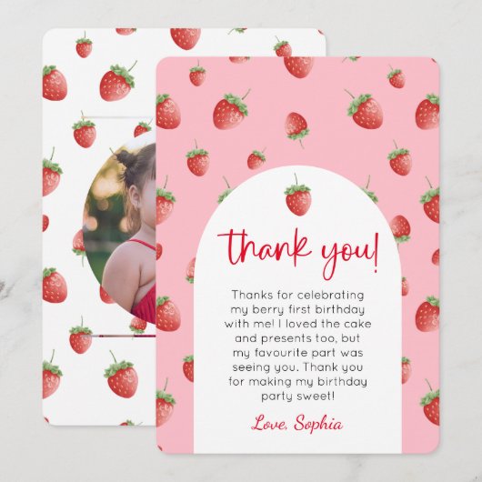 Aardbei 1e verjaardag foto dank je kaart (Voorkant / Achterkant)