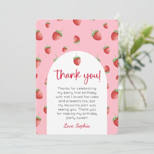 Aardbei 1e verjaardag foto dank je kaart (Staand voorkant)