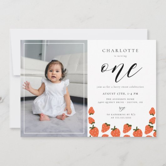 Aardbei 1e verjaardag foto uitnodiging (Voorkant)