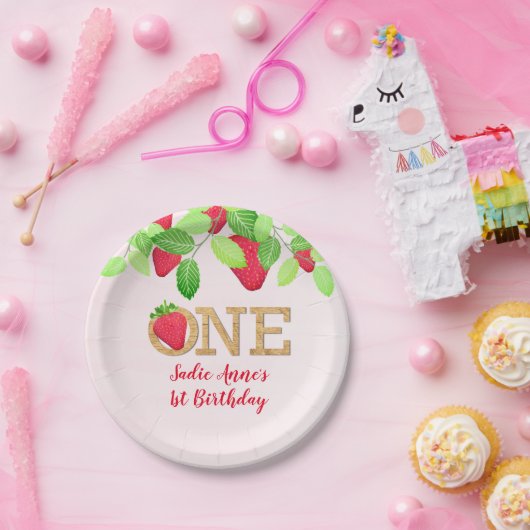 Aardbei 1e verjaardag Girl Red Rustic Paper Plat Papieren Bordje (Feest)