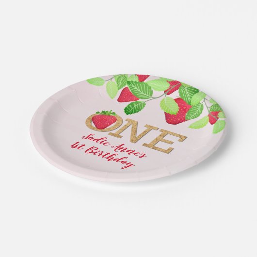 Aardbei 1e verjaardag Girl Red Rustic Paper Plat Papieren Bordje (Gekanteld)