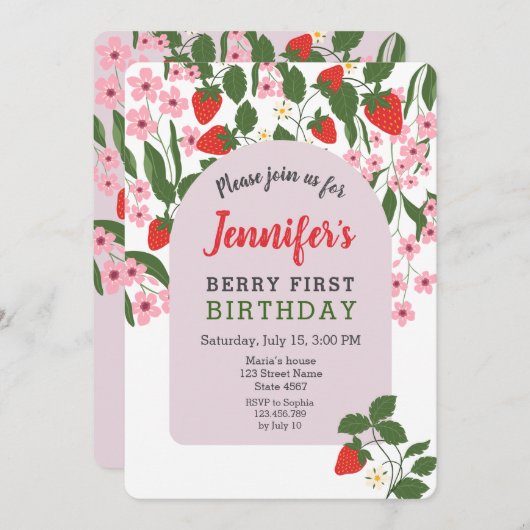 Aardbei 1e verjaardag kaart (Voorkant / Achterkant)