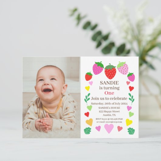 Aardbei 1e verjaardag kaart (Staand voorkant)