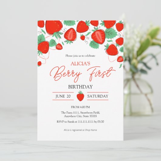 Aardbei 1e verjaardag kaart (Staand voorkant)