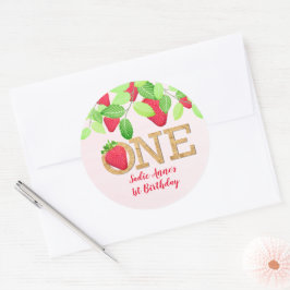 Aardbei 1e Verjaardag Meisje Rood Rustiek Ronde Sticker