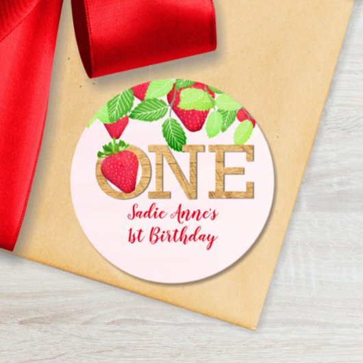 Aardbei 1e verjaardag meisje rustieke bessen zoet ronde sticker