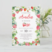 Aardbei 1e Verjaardag Party Berry Sweet Girl Rood Kaart (Staand voorkant)