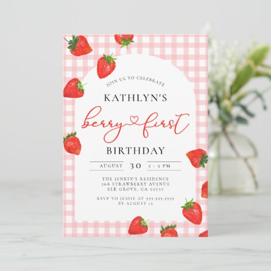 Aardbei 1e verjaardag Pink Berry Eerste Verjaardag Kaart (Staand voorkant)