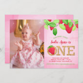 Aardbei 1e verjaardag Roze Waterverf Foto Kaart (Voorkant / Achterkant)