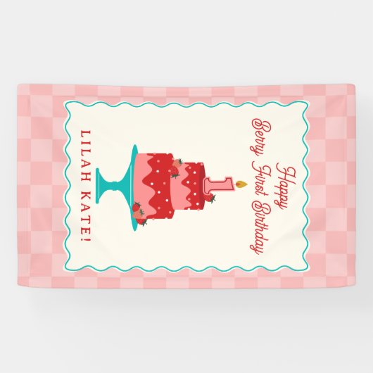 Aardbei 1e Verjaardag Taart Checker Spandoek (Horizontaal)