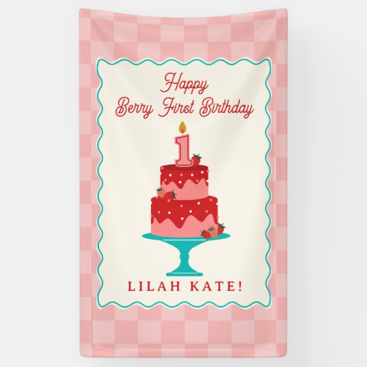 Aardbei 1e Verjaardag Taart Checker Spandoek (Verticaal)