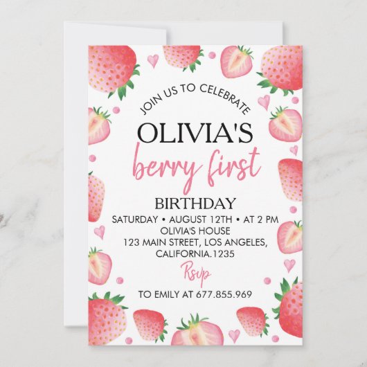 Aardbei 1e verjaardag Uitnodiging (Voorkant)