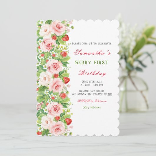 Aardbei 1e verjaardag uitnodiging (Staand voorkant)