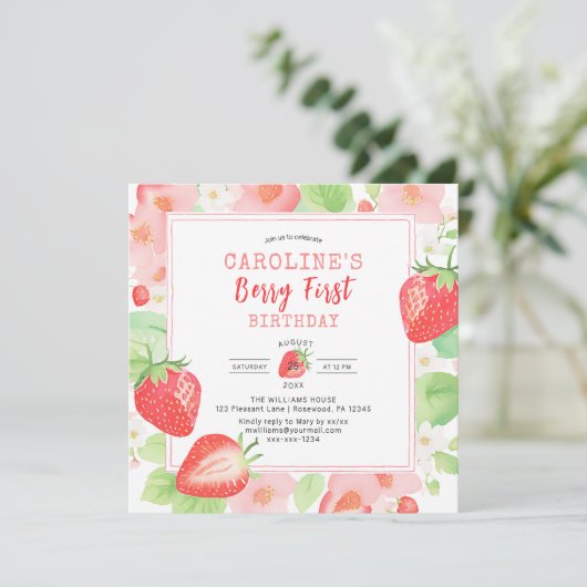 Aardbei 1e verjaardag uitnodiging (Staand voorkant)