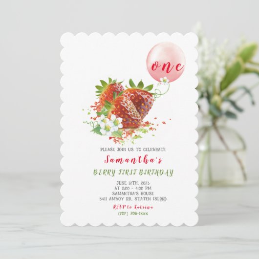 Aardbei 1e verjaardag uitnodiging (Staand voorkant)