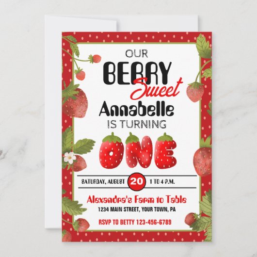 Aardbei 1e verjaardag uitnodiging (Voorkant)