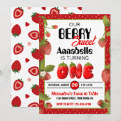 Aardbei 1e verjaardag uitnodiging (Voorkant / Achterkant)