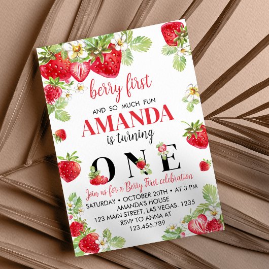 Aardbei 1e verjaardag uitnodiging