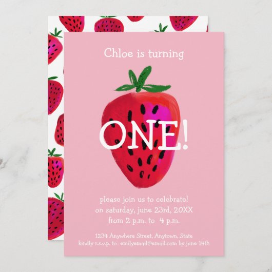 Aardbei 1e verjaardag uitnodiging (Voorkant / Achterkant)