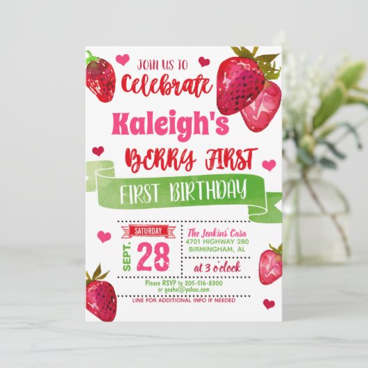 Aardbei 1e verjaardag uitnodiging (Staand voorkant)