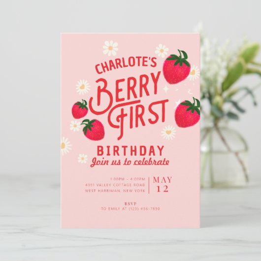Aardbei 1e verjaardag uitnodiging (Staand voorkant)
