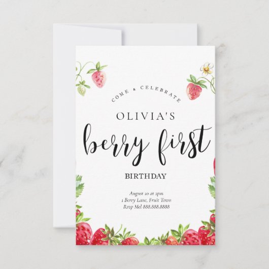Aardbei 1e verjaardag uitnodiging (Voorkant)