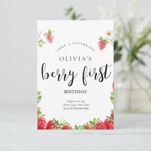 Aardbei 1e verjaardag uitnodiging (Staand voorkant)