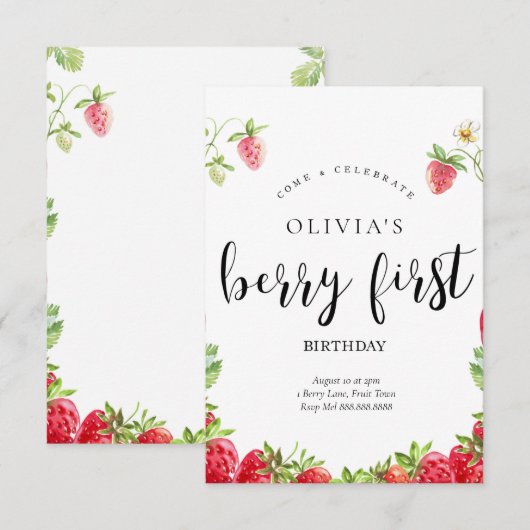 Aardbei 1e verjaardag uitnodiging (Voorkant / Achterkant)
