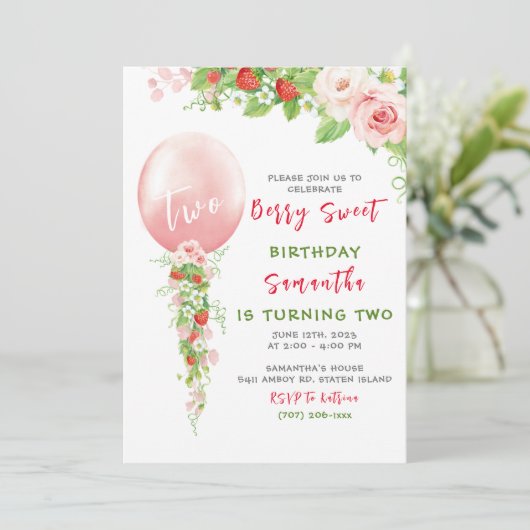 Aardbei 1e verjaardag uitnodiging (Staand voorkant)