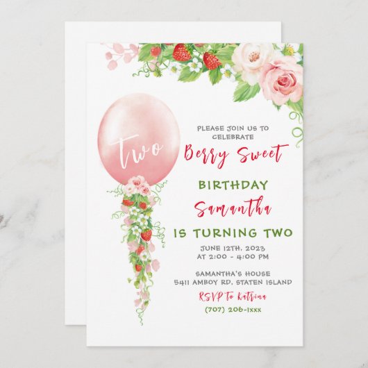 Aardbei 1e verjaardag uitnodiging (Voorkant / Achterkant)