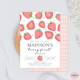 Aardbei 1e verjaardag Uitnodiging Berry First