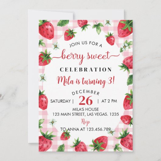 Aardbei 1e verjaardag Uitnodiging Berry Sweet (Voorkant)