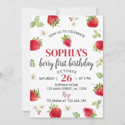 Aardbei 1e verjaardag Uitnodiging Berry Sweet (Voorkant)