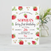 Aardbei 1e verjaardag Uitnodiging Berry Sweet (Staand voorkant)