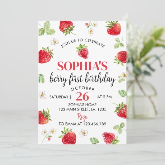 Aardbei 1e verjaardag Uitnodiging Berry Sweet (Staand voorkant)