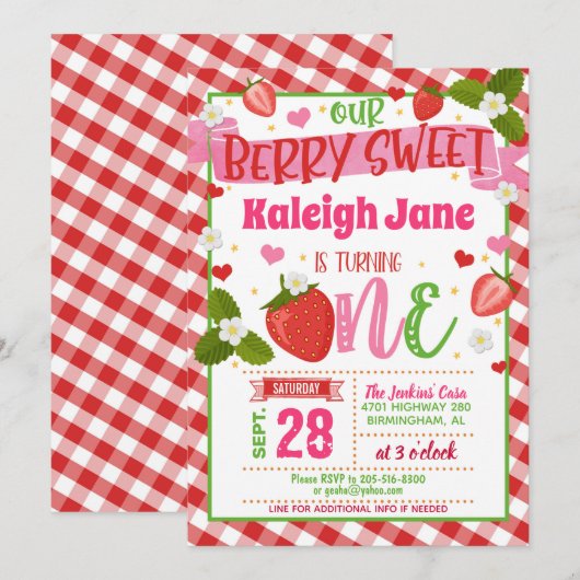 Aardbei 1e verjaardag uitnodiging - Berry Sweet (Voorkant / Achterkant)