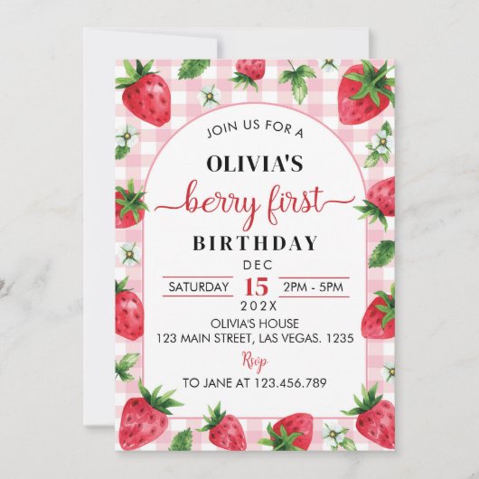 Aardbei 1e verjaardag Uitnodiging Berry Sweet (Voorkant)