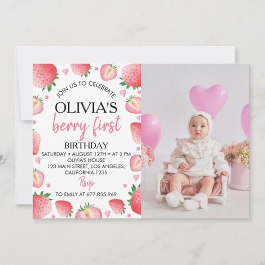 Aardbei 1e verjaardag Uitnodiging Berry Sweet (Voorkant)