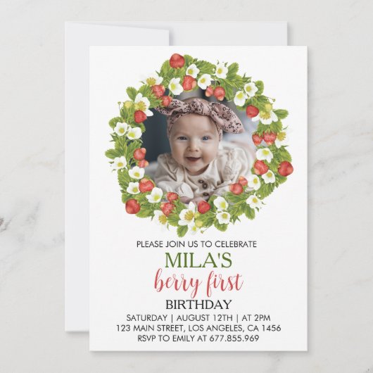 Aardbei 1e verjaardag Uitnodiging Berry Sweet (Voorkant)
