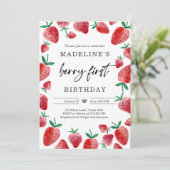 Aardbei 1e verjaardag Uitnodiging eerste Berry Swe (Staand voorkant)