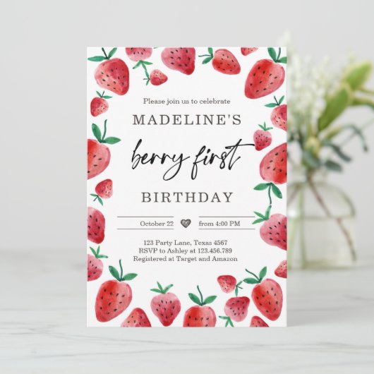 Aardbei 1e verjaardag Uitnodiging eerste Berry Swe (Staand voorkant)
