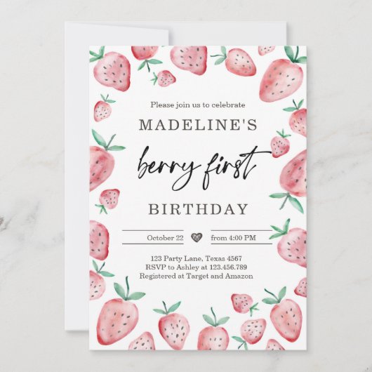 Aardbei 1e verjaardag Uitnodiging eerste Berry Swe (Voorkant)