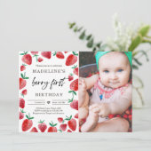 Aardbei 1e verjaardag Uitnodiging eerste Berry Swe (Staand voorkant)