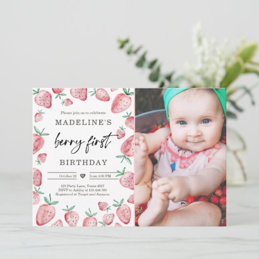 Aardbei 1e verjaardag Uitnodiging eerste Berry Swe (Staand voorkant)