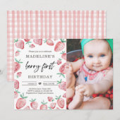 Aardbei 1e verjaardag Uitnodiging eerste Berry Swe (Voorkant / Achterkant)