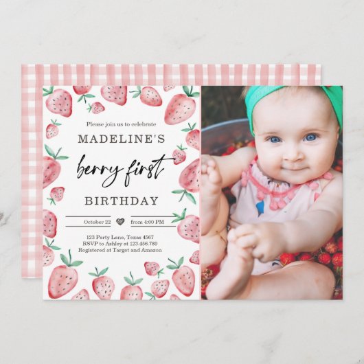Aardbei 1e verjaardag Uitnodiging eerste Berry Swe (Voorkant / Achterkant)
