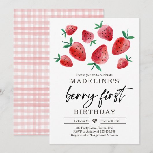 Aardbei 1e verjaardag Uitnodiging eerste Berry Swe (Voorkant / Achterkant)
