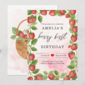Aardbei 1e verjaardag Uitnodiging eerste Berry Swe (Voorkant / Achterkant)