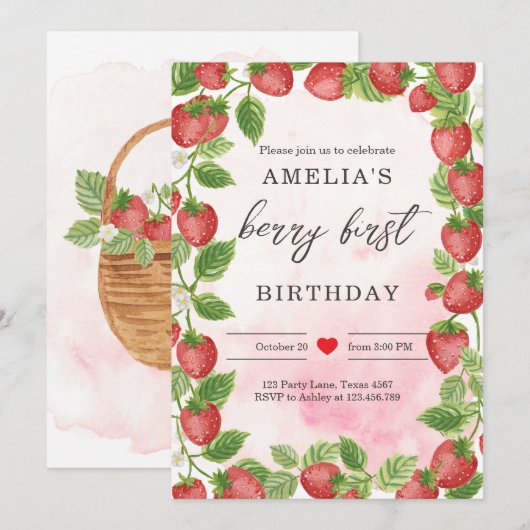 Aardbei 1e verjaardag Uitnodiging eerste Berry Swe (Voorkant / Achterkant)